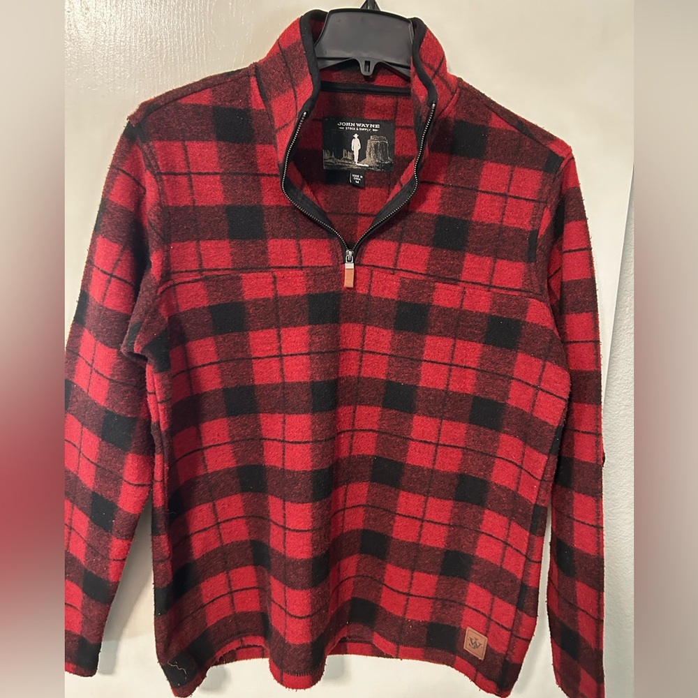 John Wayne Stock & Supply 1/4 Zip Fleece Pullover Men's Size Medium Red Plaid